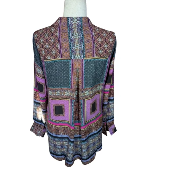 Rose + Olive patchwork Print Multicolor Teal/Purple/ Brown Blouse Sz S - Picture 2 of 9